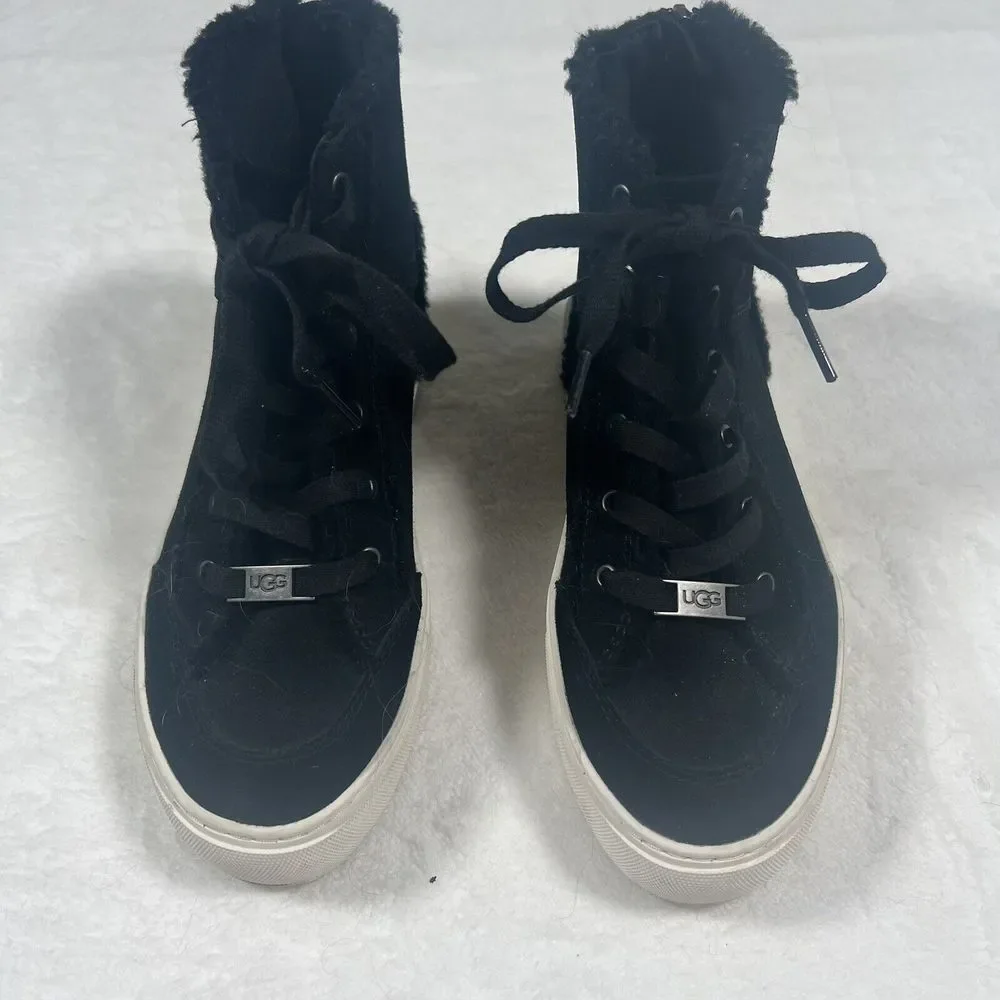 UGG Jass High Top Sneaker Black Suede Faux Fur Lining Back Zip 1123694 Women 6.5